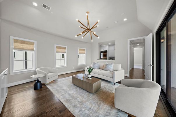 Interior, Living room, Pendant Lights, Recessed Lighting, Wood Texture Flooring