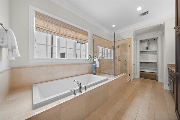 Bathroom, Glass Shower, Interior, Recessed Lighting, Wood Texture Flooring