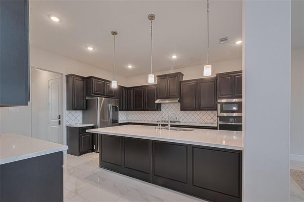 Interior, Kitchen, Marble, Pendant Lights, Recessed Lighting, Stainless Steel Appliances