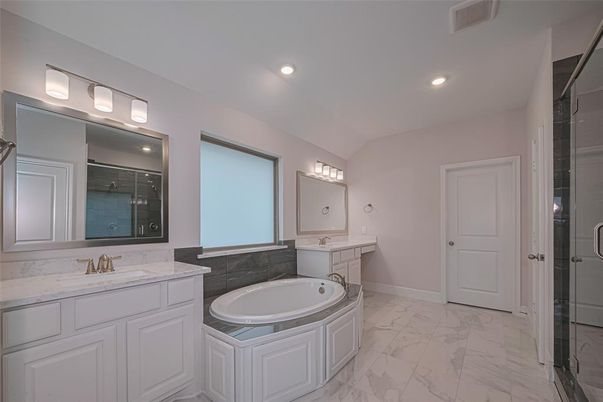 Bathroom, Dual Sink Vanities, Glass Shower, Interior, Marble, Recessed Lighting