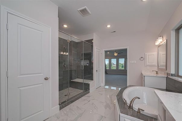 Bathroom, Glass Shower, Interior, Marble, Recessed Lighting