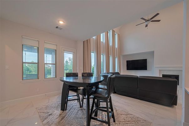 Dining room, Fireplace, Interior, Living room, Marble, Recessed Lighting