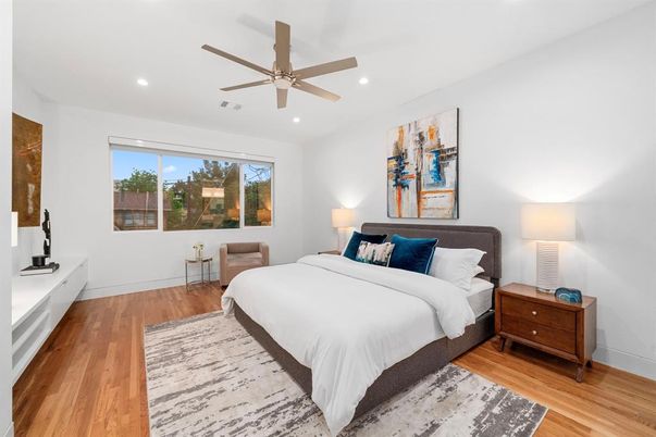 Bedroom, Interior, Recessed Lighting, Wood Texture Flooring