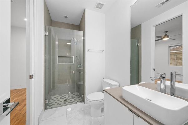 Bathroom, Glass Shower, Interior, Marble, Recessed Lighting, Wood Texture Flooring