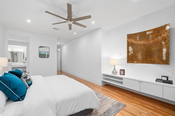 Bedroom, Interior, Recessed Lighting, Wood Texture Flooring