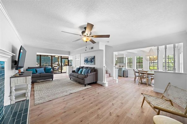 Chandelier, Dining room, Fireplace, Interior, Kitchen, Living room, Wood Texture Flooring