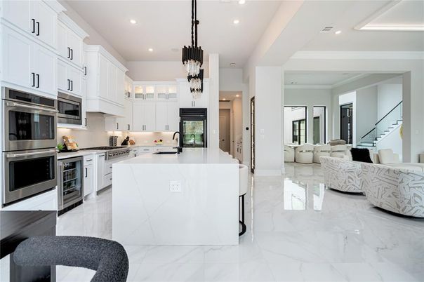Interior, Kitchen, Living room, Marble, Pendant Lights, Recessed Lighting, Stainless Steel Appliances