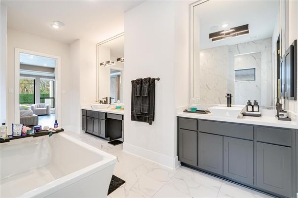 Bathroom, Dual Sink Vanities, Interior, Marble, Marble Walls, Recessed Lighting