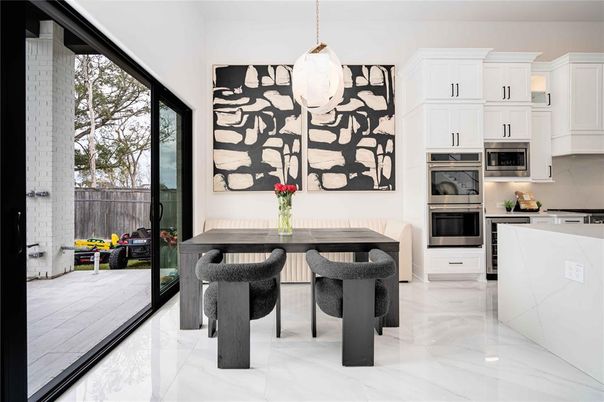 Dining room, Interior, Kitchen, Marble, Pendant Lights, Stainless Steel Appliances