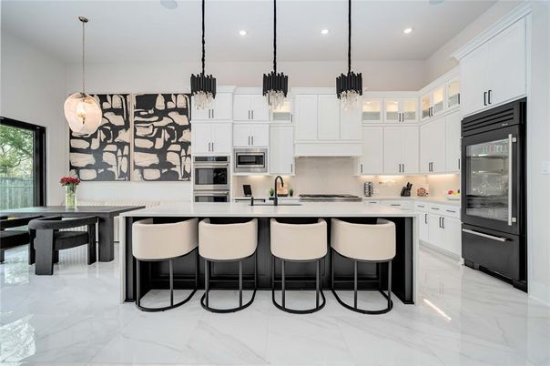 Interior, Kitchen, Marble, Pendant Lights, Recessed Lighting, Stainless Steel Appliances