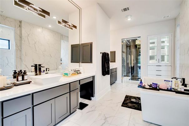 Bathroom, Dual Sink Vanities, Glass Shower, Interior, Marble, Marble Walls, Recessed Lighting