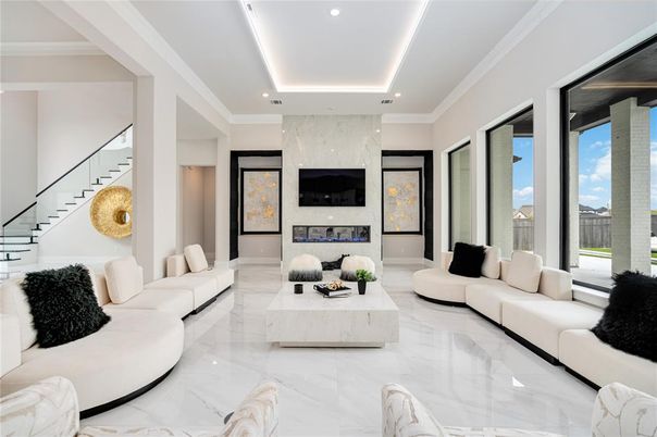 Fireplace, Interior, Living room, Marble, Marble Walls, Recessed Lighting