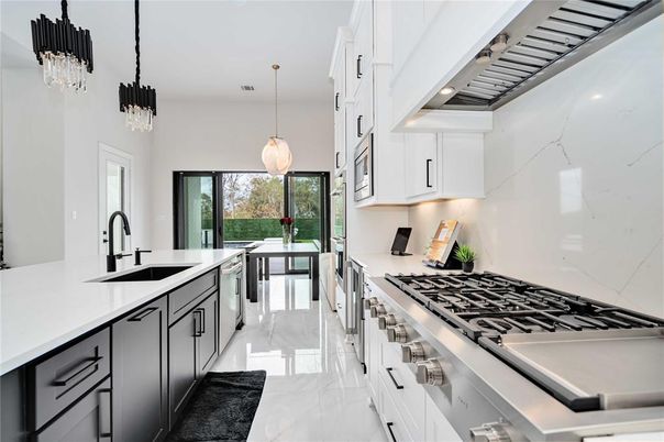 Interior, Kitchen, Marble, Pendant Lights, Stainless Steel Appliances