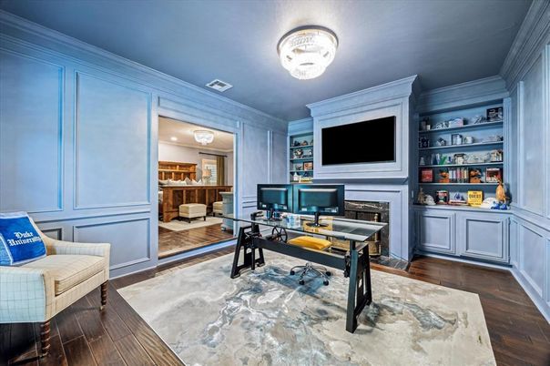 Fireplace, Home Office, Interior, Wood Texture Flooring