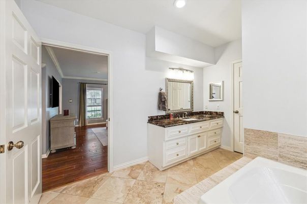 Bathroom, Dual Sink Vanities, Interior, Recessed Lighting, Wood Texture Flooring