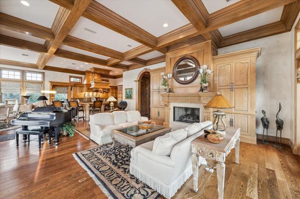 Fireplace, Interior, Living room, Piano, Recessed Lighting, Wooden Beams, Wood Texture Flooring