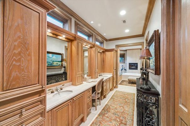 Bathroom, Dual Sink Vanities, Fireplace, Interior, Recessed Lighting
