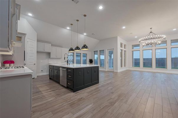 Chandelier, Interior, Kitchen, Pendant Lights, Recessed Lighting, Wood Texture Flooring