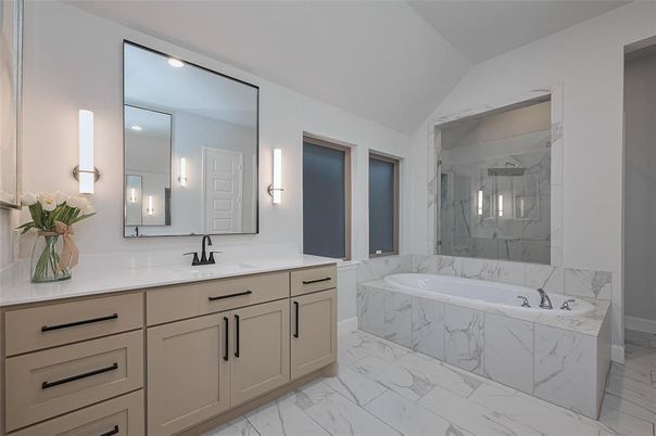 Bathroom, Dual Sink Vanities, Glass Shower, Interior, Marble, Marble Walls