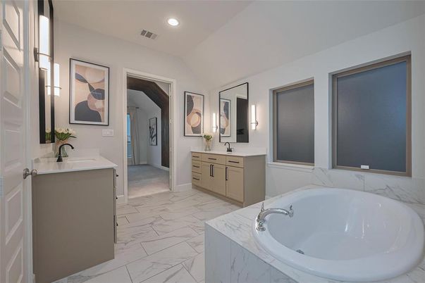 Bathroom, Dual Sink Vanities, Free Standing Baths, Interior, Marble, Recessed Lighting
