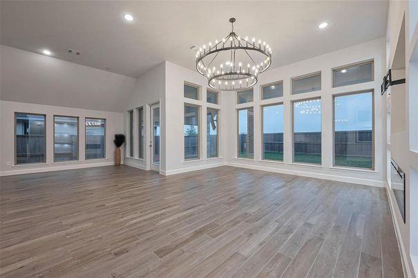 Chandelier, Empty room, Interior, Pendant Lights, Recessed Lighting, Wood Texture Flooring