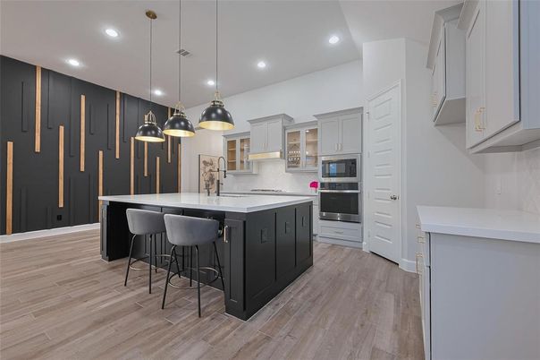 Interior, Kitchen, Pendant Lights, Recessed Lighting, Stainless Steel Appliances, Wood Texture Flooring