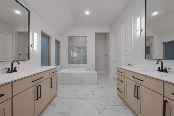 Bathroom, Dual Sink Vanities, Glass Shower, Interior, Marble, Recessed Lighting