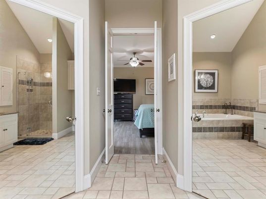 Bathroom, Glass Shower, Interior, Recessed Lighting, Wood Texture Flooring