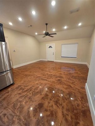 Empty room, Interior, Kitchen, Recessed Lighting, Stainless Steel Appliances, Wood Texture Flooring