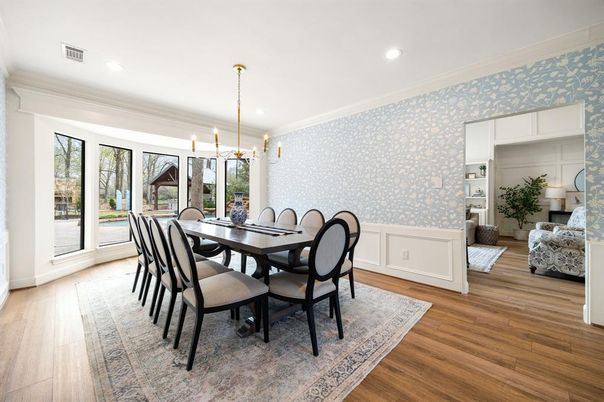 Bedroom, Dining room, Interior, Pendant Lights, Recessed Lighting, Wood Texture Flooring