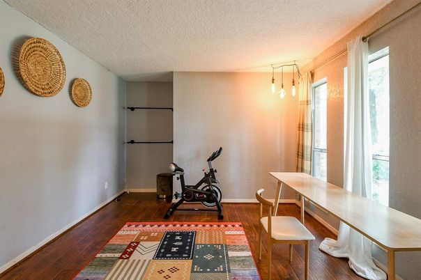 Dining room, Fitness Equipment, Interior, Pendant Lights, Wood Texture Flooring