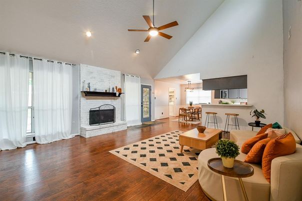 Dining room, Fireplace, Interior, Kitchen, Living room, Pendant Lights, Recessed Lighting, Wood Texture Flooring