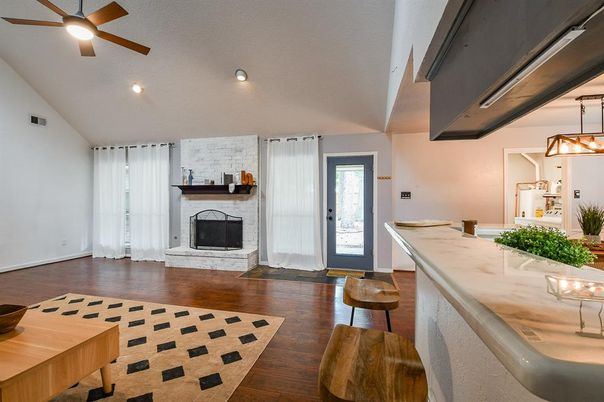 Fireplace, Interior, Pendant Lights, Recessed Lighting, Wood Texture Flooring