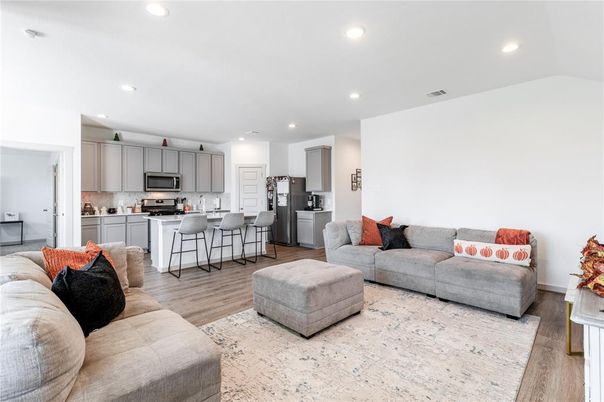Interior, Kitchen, Living room, Recessed Lighting, Stainless Steel Appliances, Wood Texture Flooring