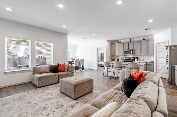 Dining room, Interior, Kitchen, Living room, Recessed Lighting, Stainless Steel Appliances, Wood Texture Flooring