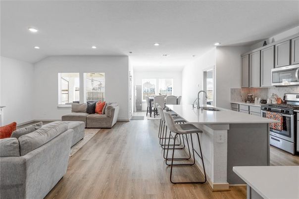 Interior, Kitchen, Living room, Recessed Lighting, Stainless Steel Appliances, Wood Texture Flooring