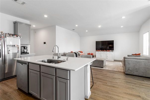 Interior, Kitchen, Living room, Recessed Lighting, Stainless Steel Appliances, Wood Texture Flooring