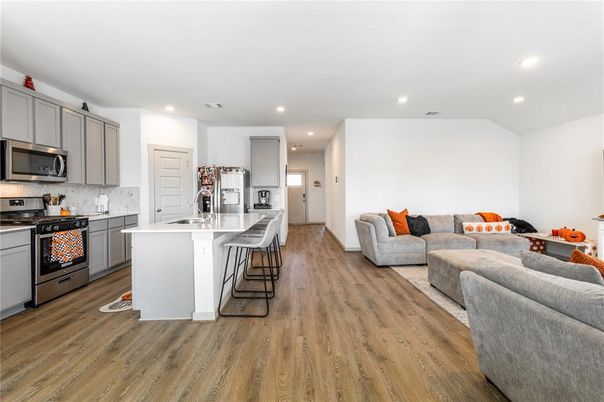 Interior, Kitchen, Living room, Recessed Lighting, Stainless Steel Appliances, Wood Texture Flooring