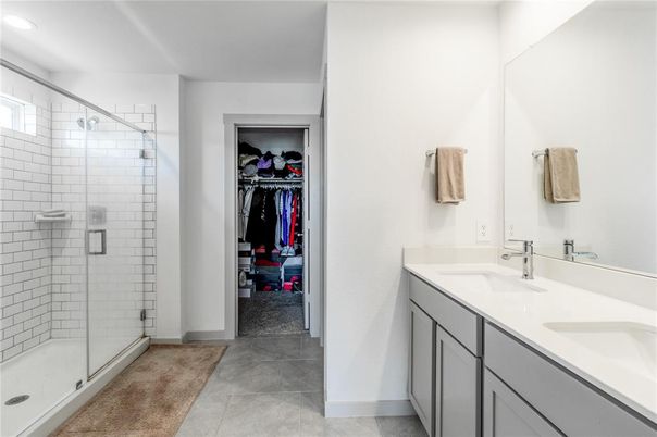 Bathroom, Dual Sink Vanities, Glass Shower, Interior, Recessed Lighting