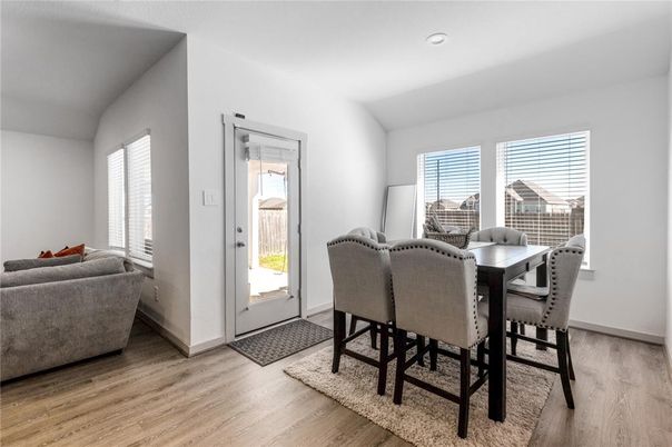 Dining room, Interior, Recessed Lighting, Wood Texture Flooring