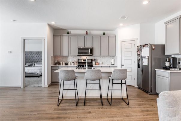 Bedroom, Interior, Kitchen, Recessed Lighting, Stainless Steel Appliances, Wood Texture Flooring