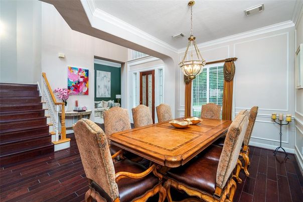 Dining room, Interior, Pendant Lights, Wood Texture Flooring