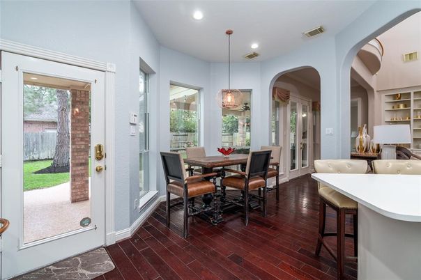 Dining room, Interior, Pendant Lights, Recessed Lighting, Wood Texture Flooring