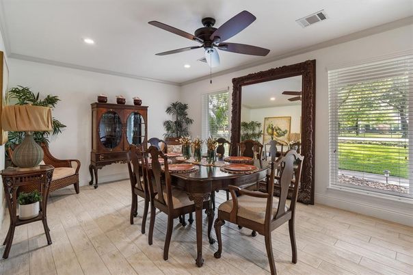 Dining room, Interior, Recessed Lighting, Wood Texture Flooring