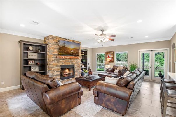 Fireplace, Interior, Living room, Recessed Lighting, Stone Walls