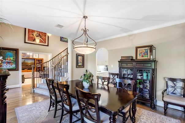 Dining room, Interior, Pendant Lights, Wood Texture Flooring