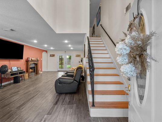 Fireplace, Interior, Recessed Lighting, Wood Texture Flooring