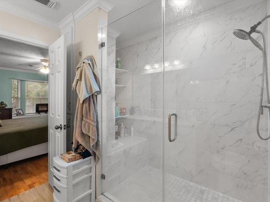 Bathroom, Bedroom, Glass Shower, Interior, Marble Walls, Wood Texture Flooring