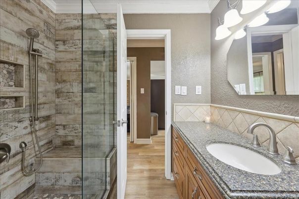 Bathroom, Dual Sink Vanities, Glass Shower, Interior, Wood Texture Flooring