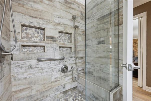 Bathroom, Glass Shower, Interior, Wood Texture Flooring